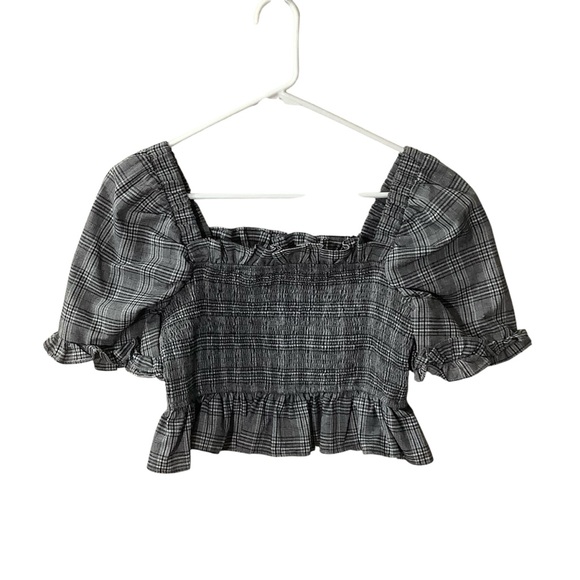 English Factory Tops - English Factory Plaid Shirred Puff Sleeve Top Crop